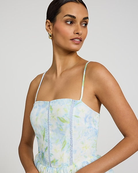 Floral Square Neck Lace Smocked Back Mini Fit and Flare Dress - Blue Print