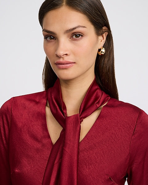 Satin Tie Neck Long Sleeve Mini Dress - BURGUNDY