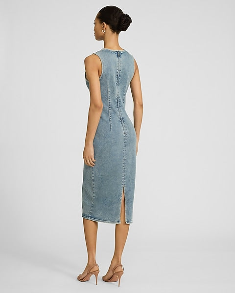Stretch Denim Crew Neck Sleeveless Midi Sheath Dress - Denim