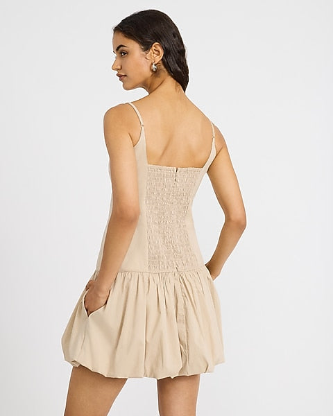 Stretch Cotton Poplin Drop Waist Bubble Hem Mini Dress with Pockets - Soft Beige