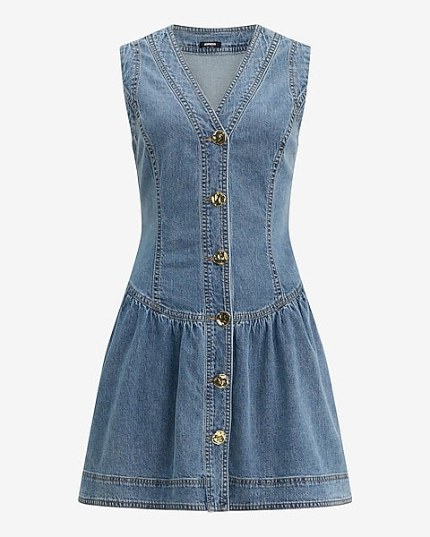 Stretch Denim V-Neck Button Front Drop Waist Mini Dress with Pockets - Medium Wash