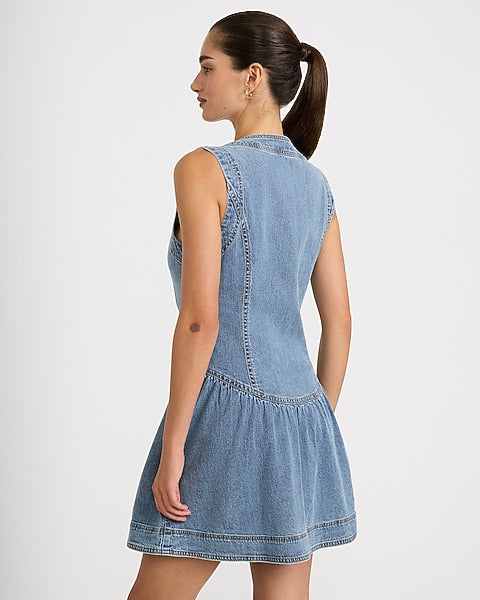 Stretch Denim V-Neck Button Front Drop Waist Mini Dress with Pockets - Medium Wash