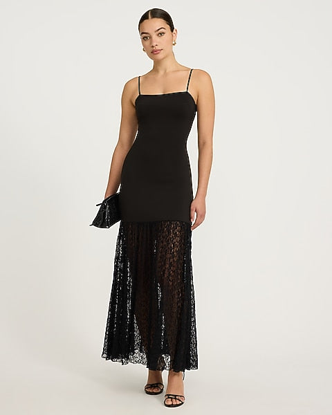 Mixed Media Square Neck Lace Hem Maxi Sheath Dress - Pitch Black