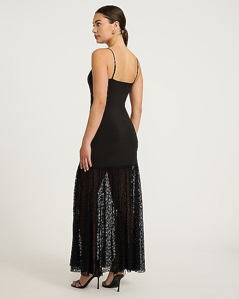 Mixed Media Square Neck Lace Hem Maxi Sheath Dress - Pitch Black