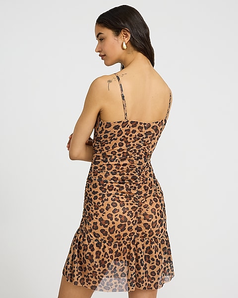 Leopard Mesh V-Neck Ruched Drop Waist Mini Dress - Brown Plaid