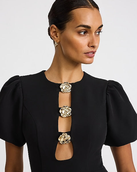 Crew Neck Hardware Keyhole Puff Sleeve Mini Dress