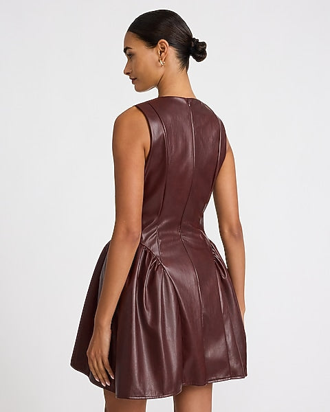 Faux Leather V-Neck Ruched Hip Mini Dress - Maroon