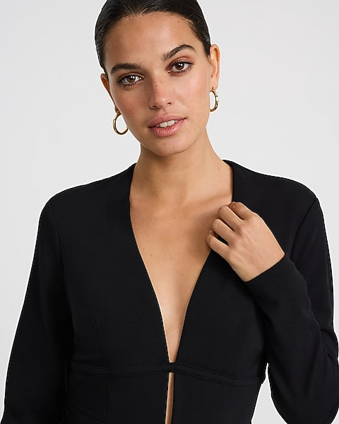 Crepe V-Neck Long Sleeve Keyhole Mini Dress