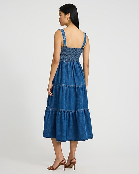 Stretch Denim Square Neck Sleeveless Tiered Smocked Back Midi Dress - Medium Wash