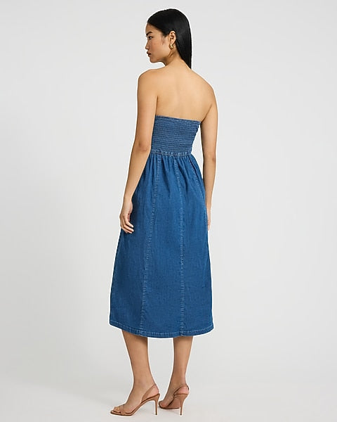 Denim Strapless Dipped Waist Smocked Back Midi Dress - Medium Wash