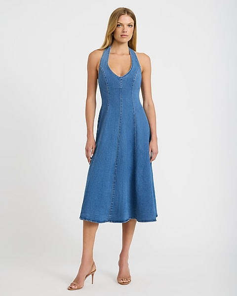 Stretch Denim Halter V-Neck Midi Fit and Flare Dress - Medium Wash