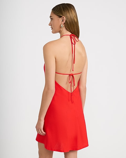 Linen-Blend Halter Sleeveless Mini Dress - RED