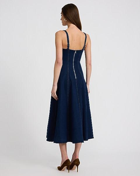 Stretch Denim Sweetheart Seamed Midi Dress - Dark Denim