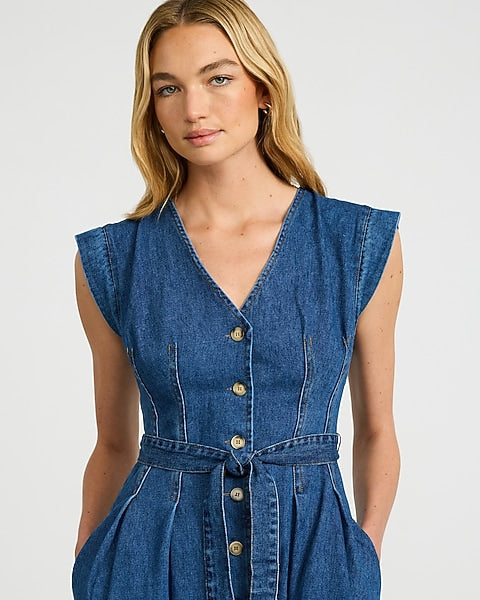 Denim V-Neck Button Front Belted Midi Dress with Pockets - Dark Denim