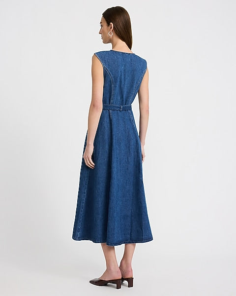 Stretch Denim Cap Sleeve Zip Front Belted Midi Dress - Dark Denim