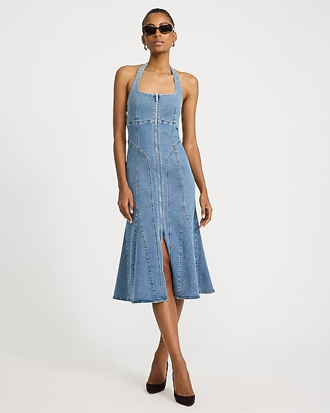 Denim Halter Square Neck Zip Front Seamed Midi Dress - Medium Wash