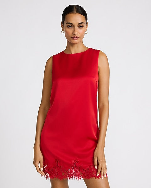 Lace Trim Satin Sleeveless Mini Shift Dress