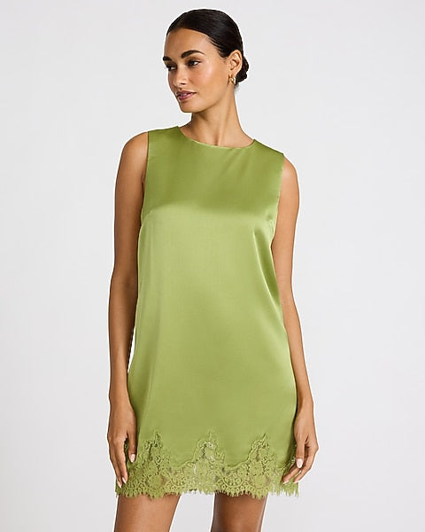 Lace Trim Satin Sleeveless Mini Shift Dress