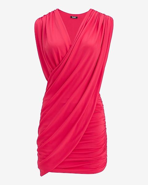 V-Neck Cap Sleeve Draped Wrap Mini Dress