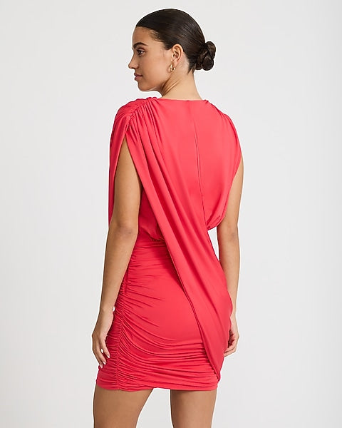 V-Neck Cap Sleeve Draped Wrap Mini Dress