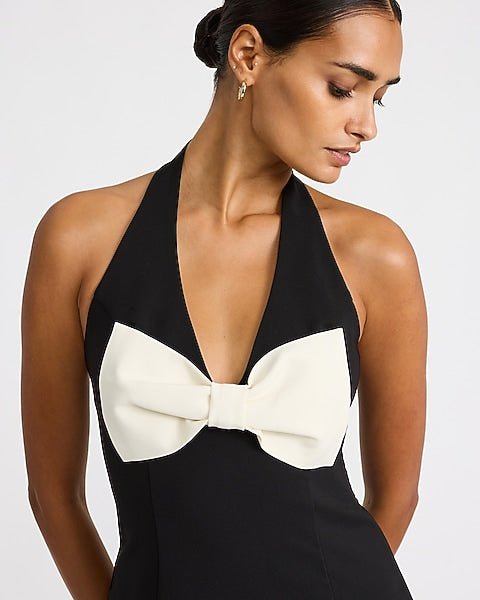 Color Block Halter V-Neck Bow Front Mini Dress - Pitch Black