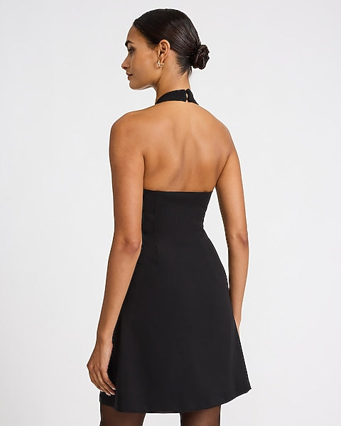 Color Block Halter V-Neck Bow Front Mini Dress - Pitch Black