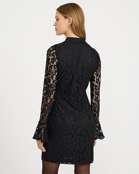 Lace Mock Neck Keyhole Bell Sleeve Mini Dress - Pitch Black