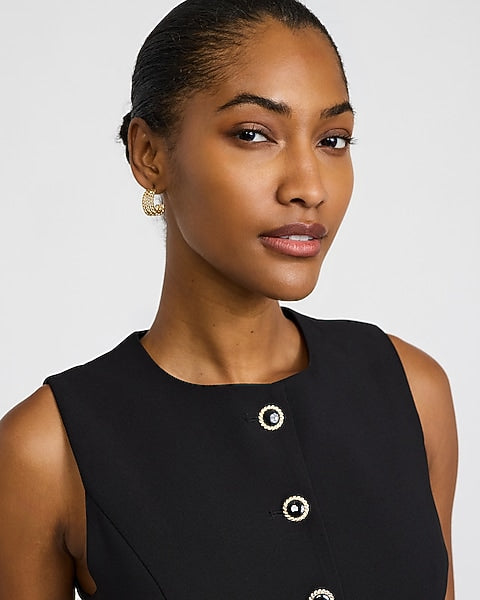 Crew Neck Novelty Button Tailored Vest Mini Dress - Pitch Black