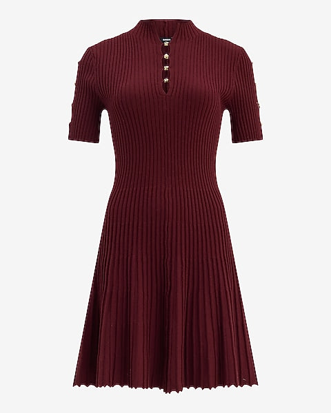 Mock Neck Novelty Hardware Keyhole Pleated Mini Sweater Dress