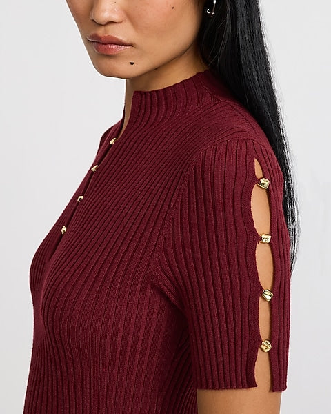 Mock Neck Novelty Hardware Keyhole Pleated Mini Sweater Dress