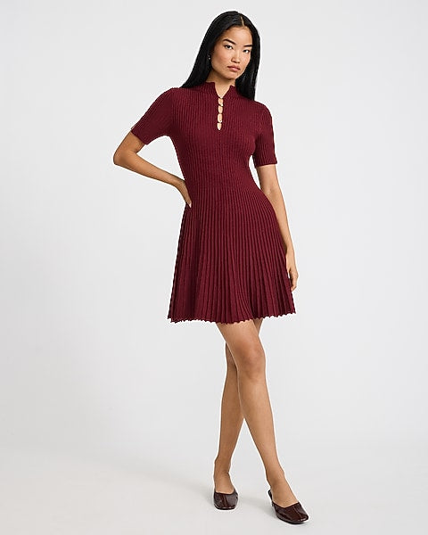 Mock Neck Novelty Hardware Keyhole Pleated Mini Sweater Dress
