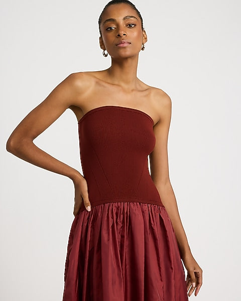 Mixed Media Strapless Drop Waist Bubble Hem Midi Dress with Pockets - Reddish Brown