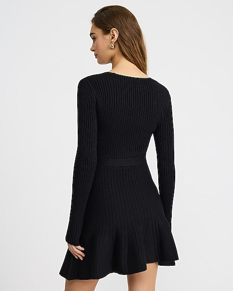 Ribbed V-Neck Surplice Tie Waist Mini Sweater Dress