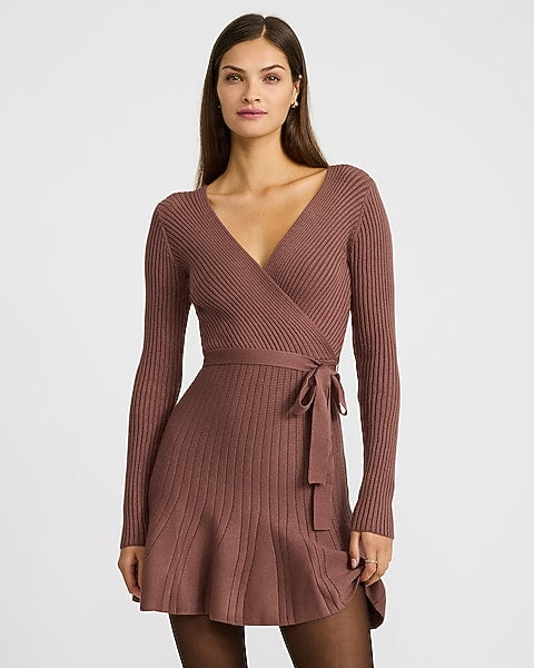 Ribbed V-Neck Surplice Tie Waist Mini Sweater Dress