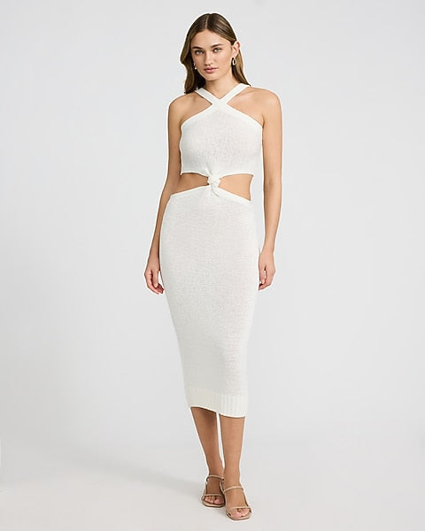 Halter Cutout Knot Front Midi Sweater Dress