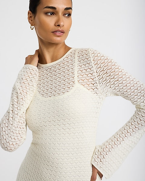 Pointelle Crew Neck Long Sleeve Lace Up Midi Sheath Dress - Ivory