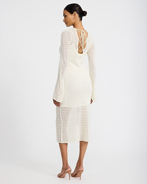 Pointelle Crew Neck Long Sleeve Lace Up Midi Sheath Dress - Ivory