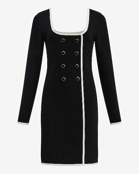 Tipped Scoop Neck Long Sleeve Mini Sweater Dress in Airy Soft - Pitch Black