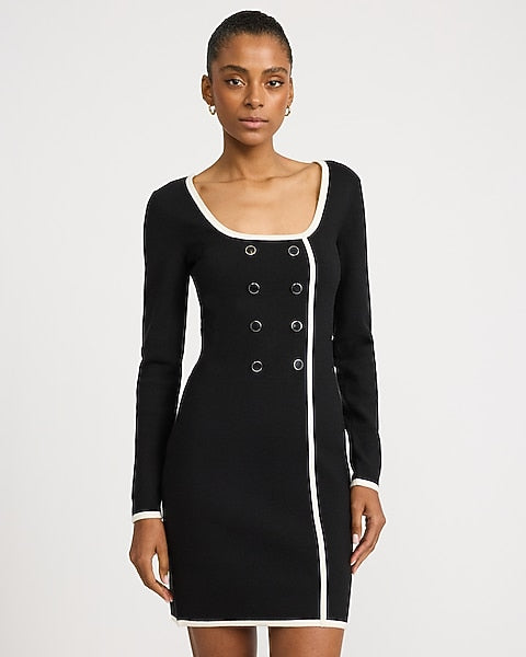 Tipped Scoop Neck Long Sleeve Mini Sweater Dress in Airy Soft - Pitch Black