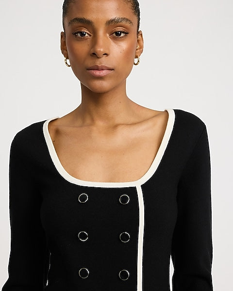 Tipped Scoop Neck Long Sleeve Mini Sweater Dress in Airy Soft - Pitch Black
