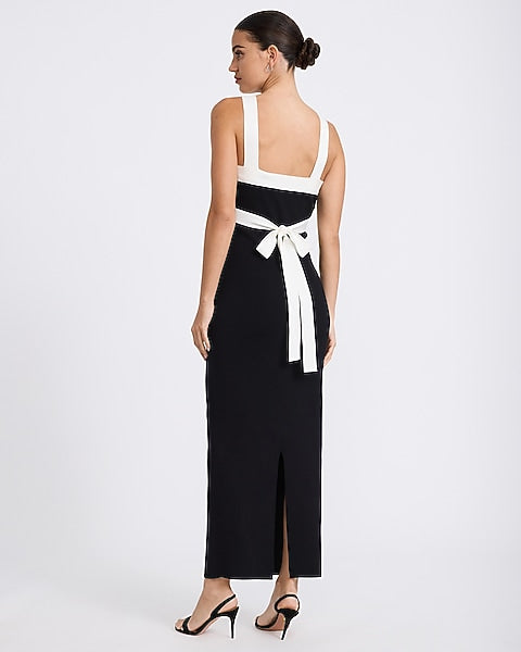 Color Block Halter Maxi Sheath Sweater Dress - Pitch Black