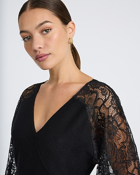 Lace Pieced V-Neck Surplice Tie Waist Midi Sweater Dress