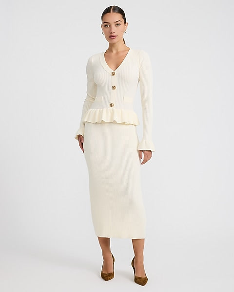 Ribbed V-Neck Novelty Button Peplum Maxi Sweater Dress