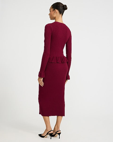 Ribbed V-Neck Novelty Button Peplum Maxi Sweater Dress