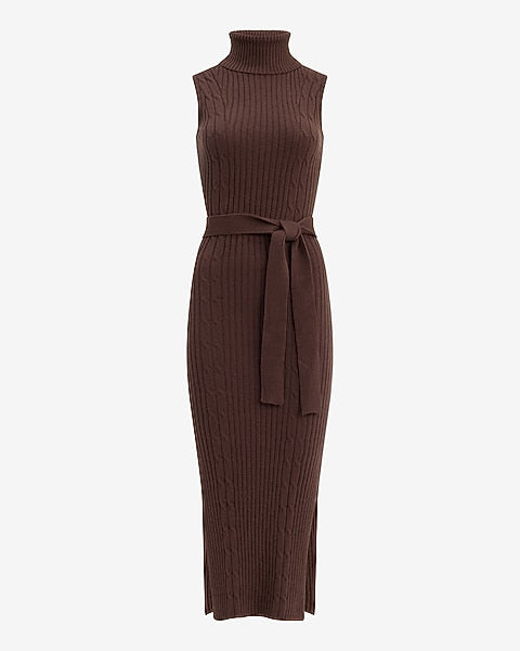 Turtleneck Sleeveless Tie Waist Maxi Sweater Dress