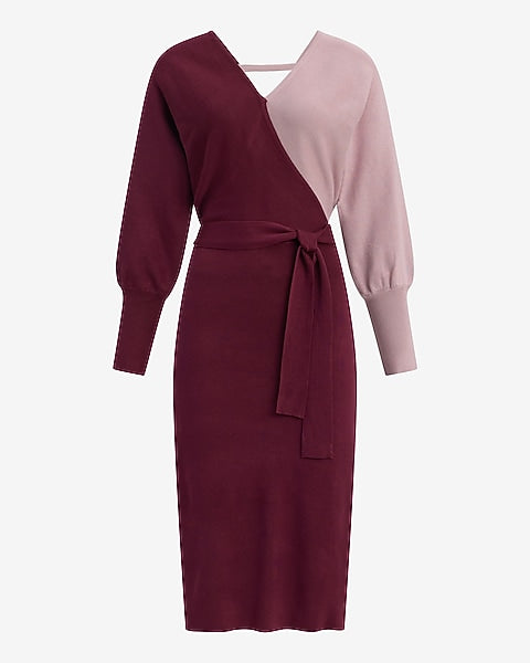 Color Block Double V-Neck Tie Waist Midi Sweater Dress