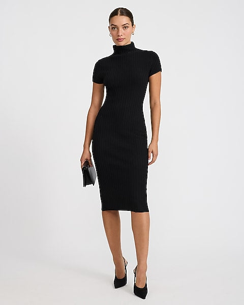 Ribbed Mock Neck Short Sleeve Midi Sweater Dress