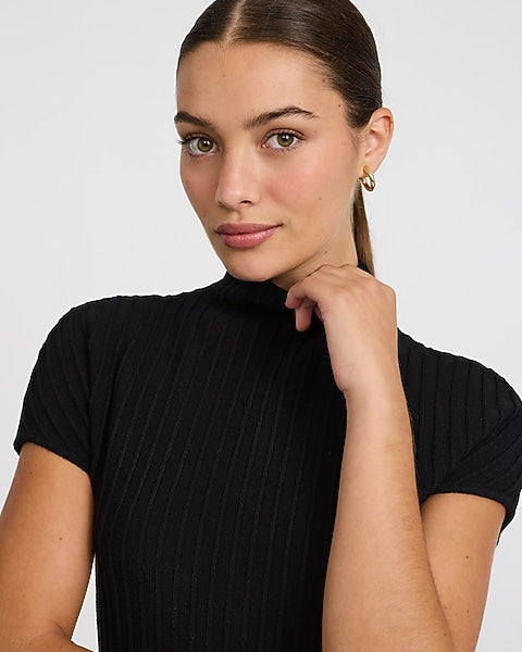 Ribbed Mock Neck Short Sleeve Midi Sweater Dress