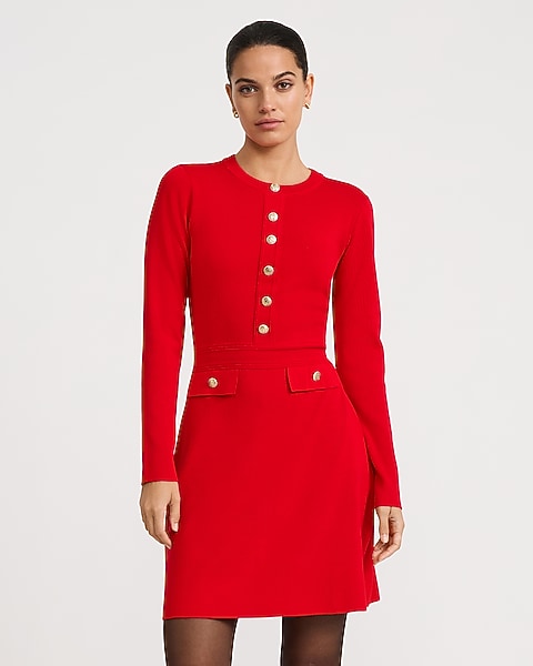 Crew Neck Gold Button Tailored Mini Sweater Dress - RED