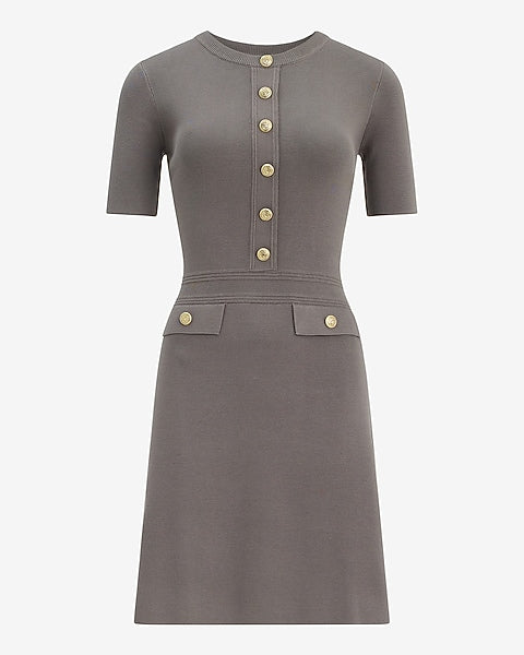 Crew Neck Novelty Button Tailored Mini Sweater Dress - Gray